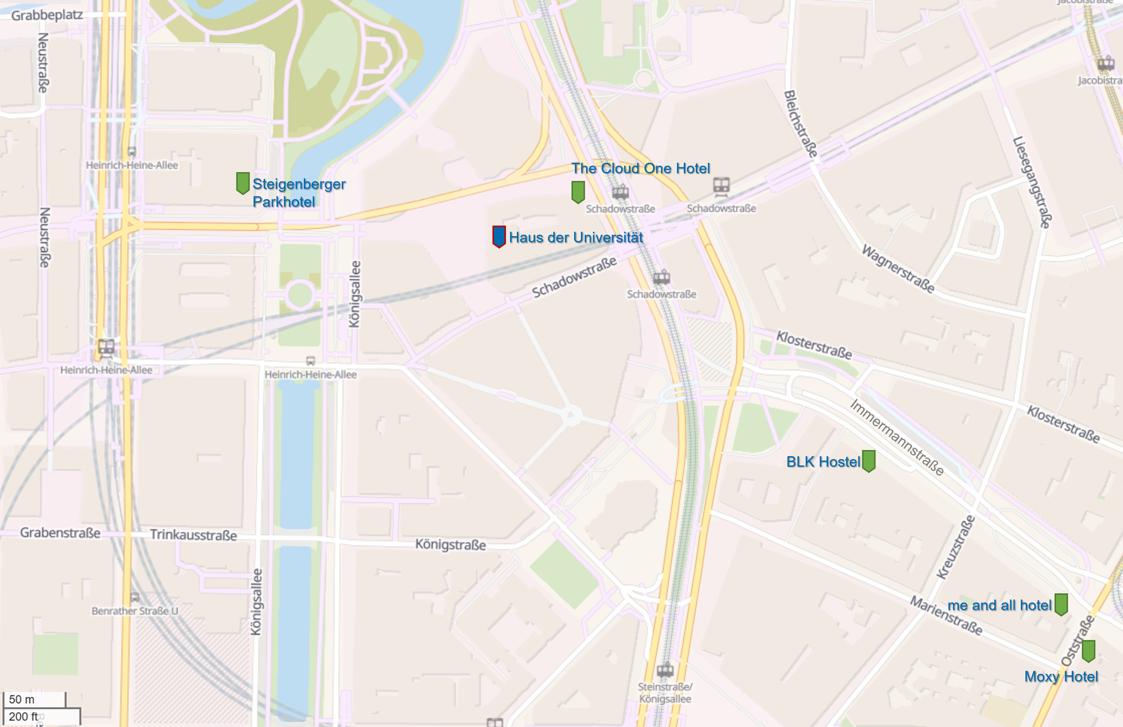 Map showing the Haus der Universität and nearby hotels